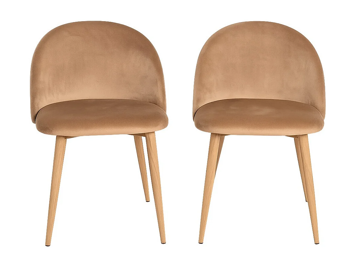 Lot de 2 chaises Kazon - Velours élégant et pieds métal effet bois clair-Couleur Marron clair