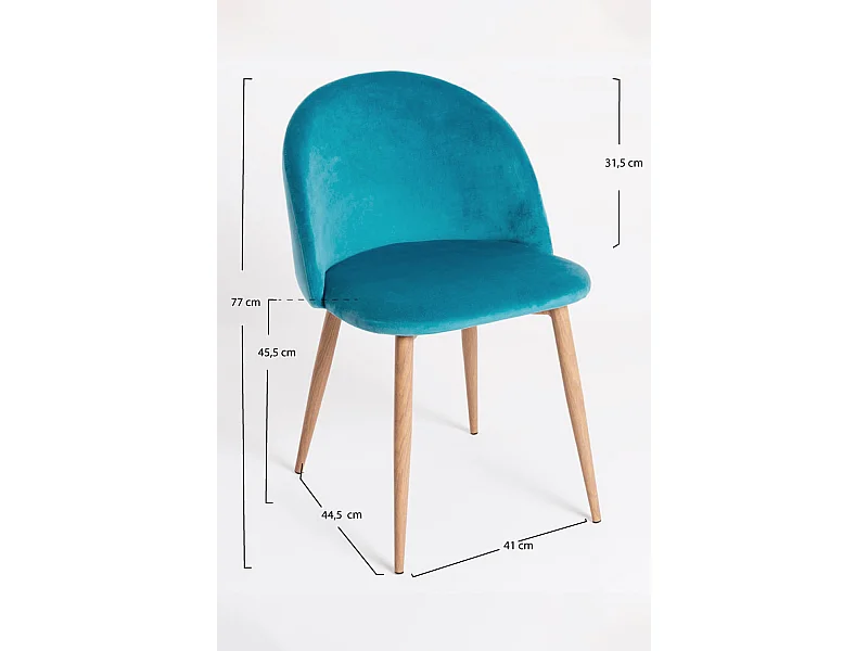 Lot de 2 chaises Kazon - Velours élégant et pieds métal effet bois clair-Couleur Bleu turquoise