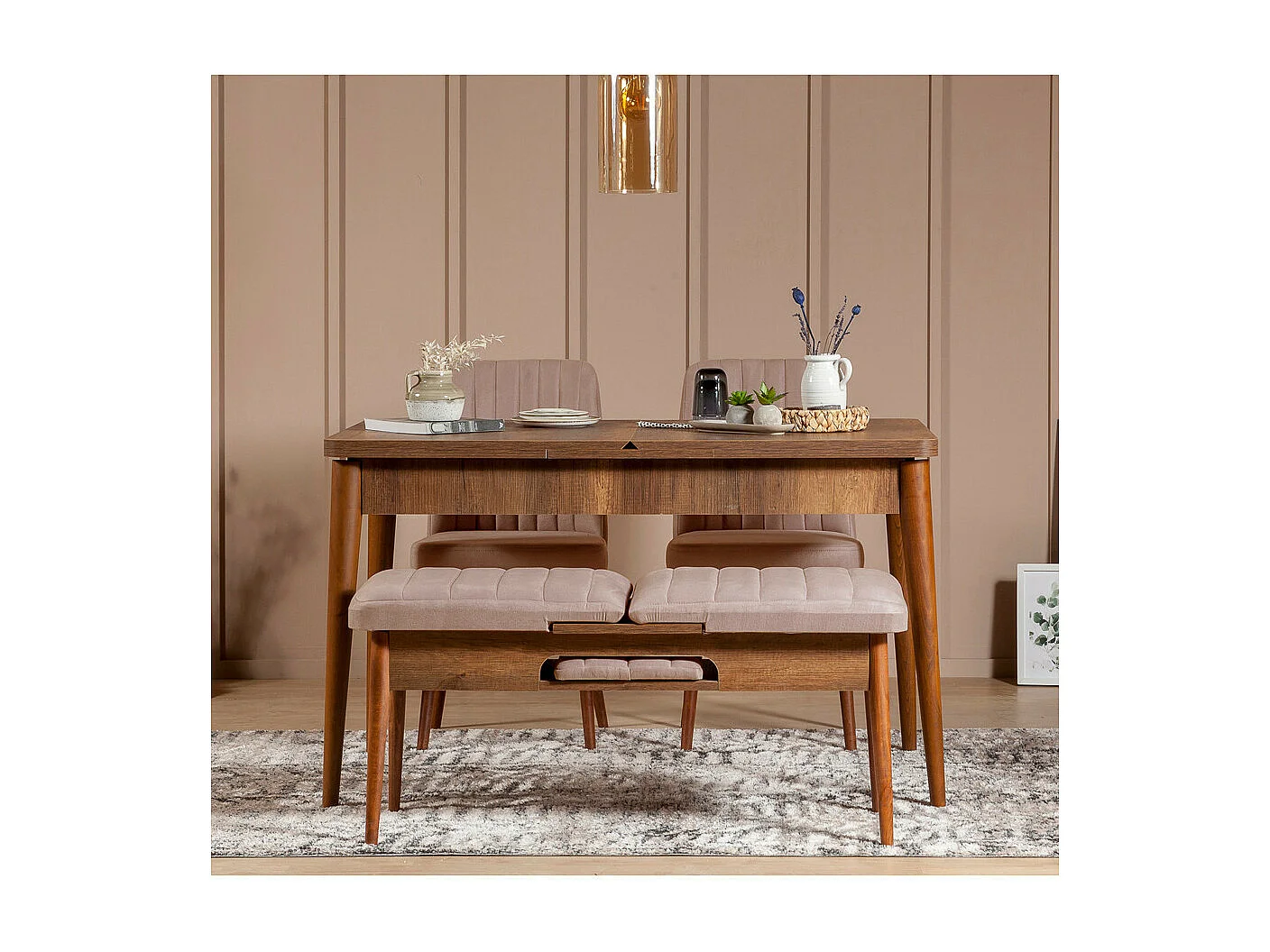 Chaise de salle à manger tissu rose pale et bois Noyer Mareva