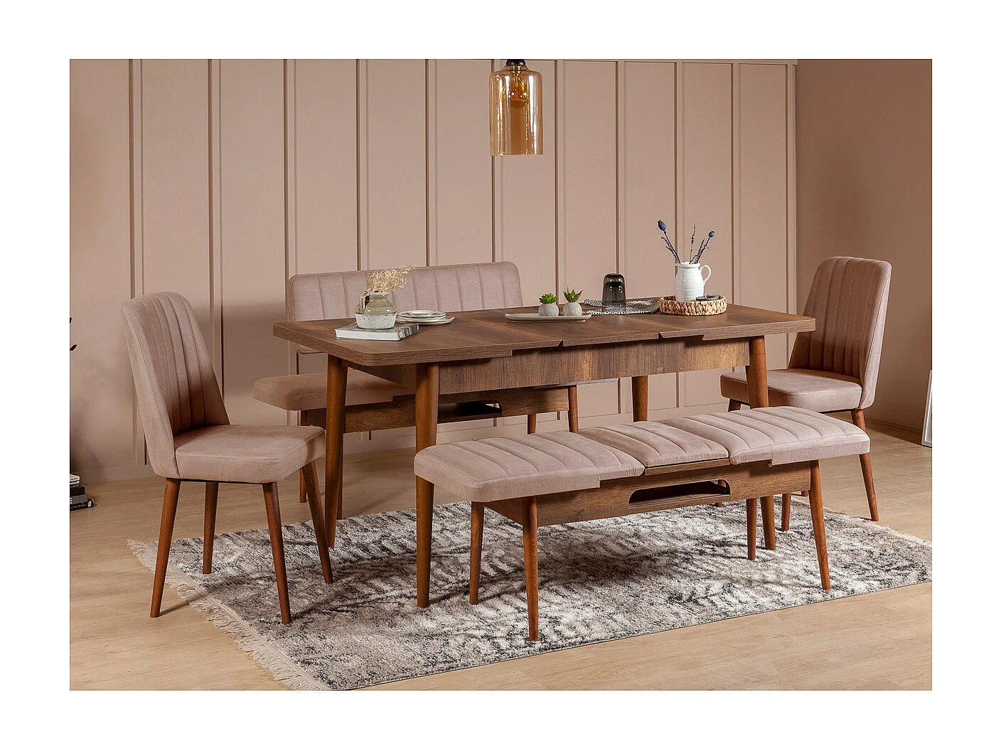 Chaise de salle à manger tissu rose pale et bois Noyer Mareva