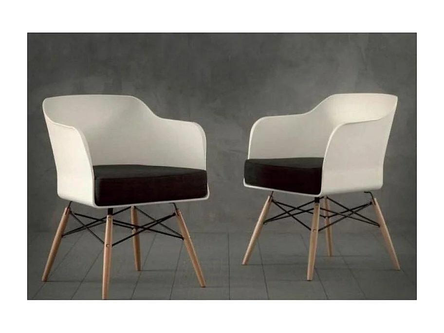 Chaise coque blanche et hêtre massif coussin anthracite Kinoa- Lot de 4