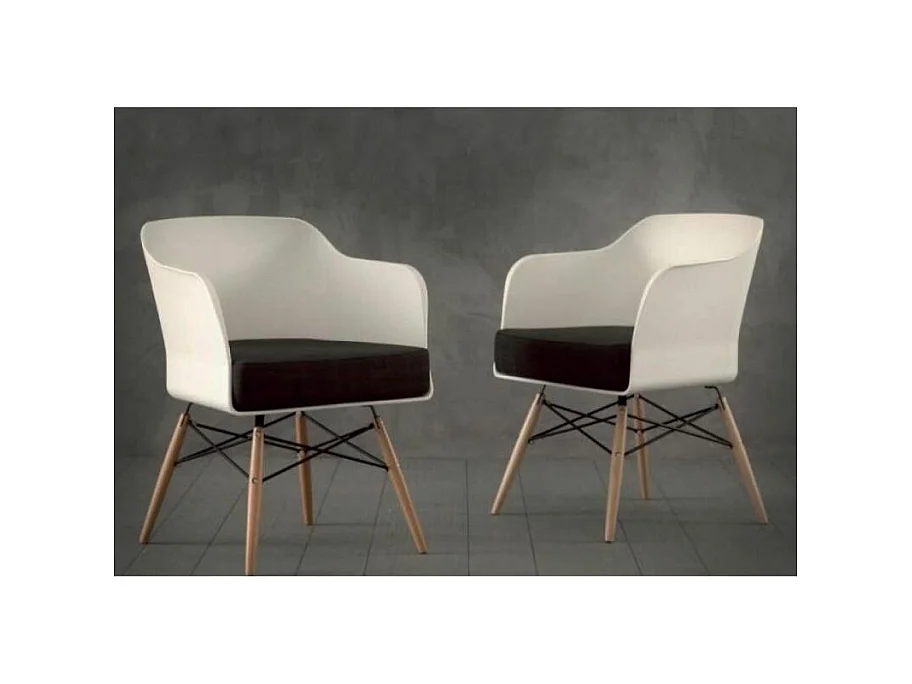 Chaise coque blanche et hêtre massif coussin anthracite Kinoa- Lot de 4