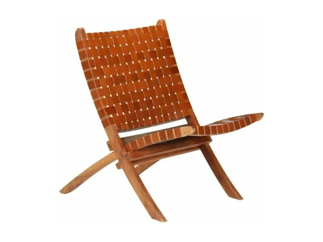 Chaise pliante cuir bandes marron et acacia laqué clair Manilou