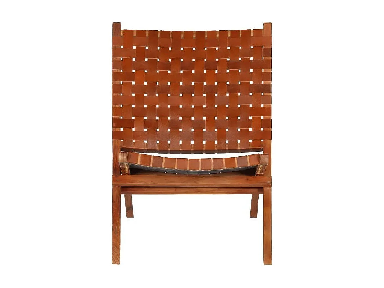Chaise pliante cuir bandes marron et acacia laqué clair Manilou