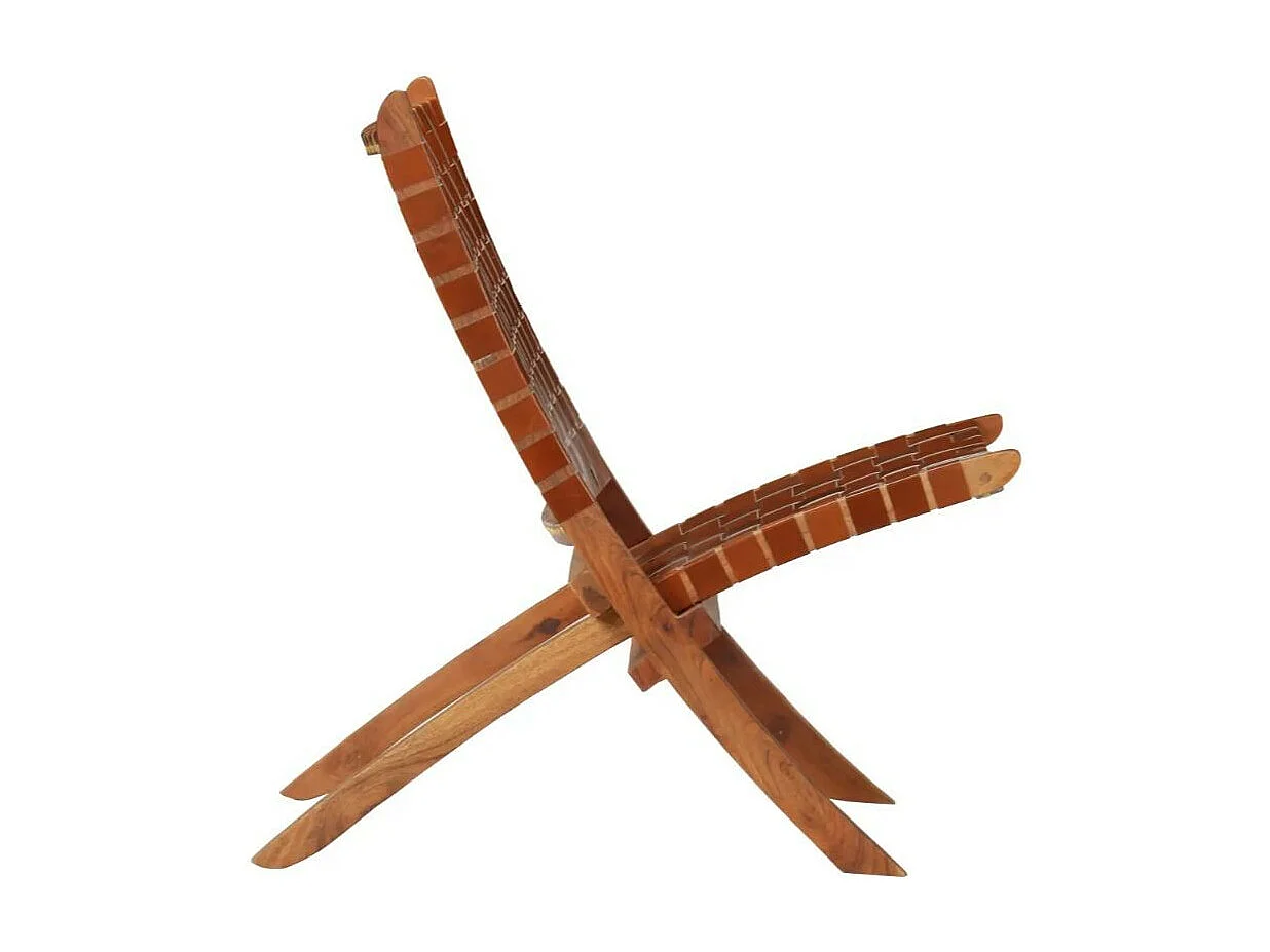 Chaise pliante cuir bandes marron et acacia laqué clair Manilou