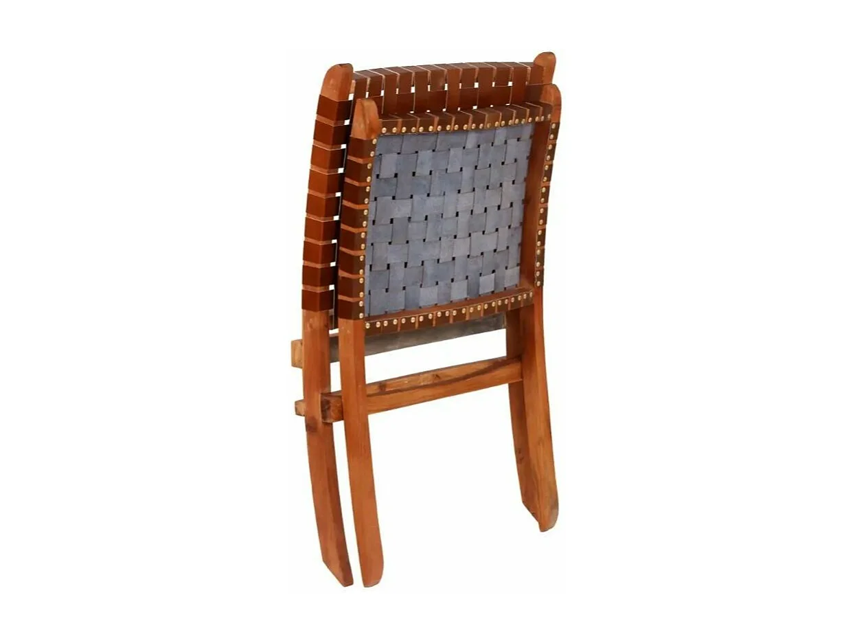 Chaise pliante cuir bandes marron et acacia laqué clair Manilou