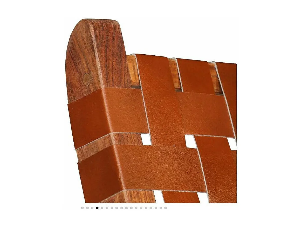 Chaise pliante cuir bandes marron et acacia laqué clair Manilou