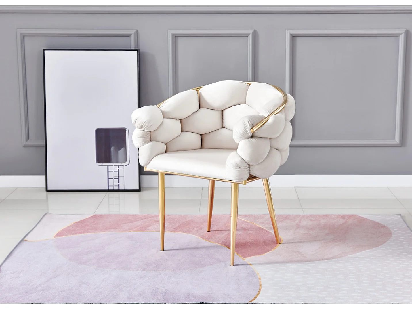 Chaise design capitonnée Florenca - Lot de 2-Couleur Beige clair-Piètement Doré