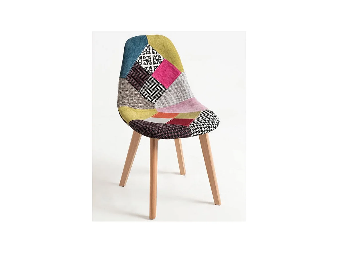 Chaise tissu patchwork et pieds hêtre massif clair Wany