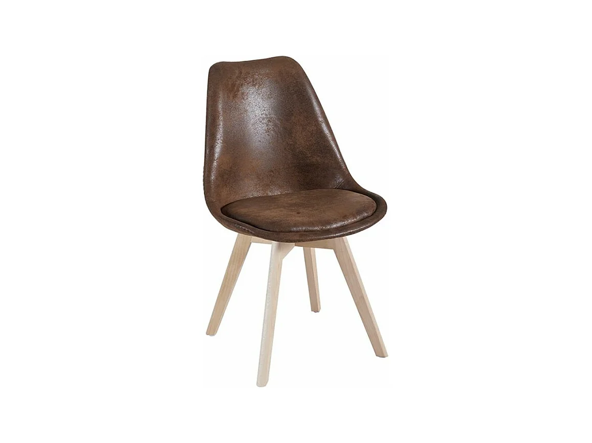 Chaise avec assise simili cuir vintage et pieds en bois naturel Zaka-Couleur Marron Foncé