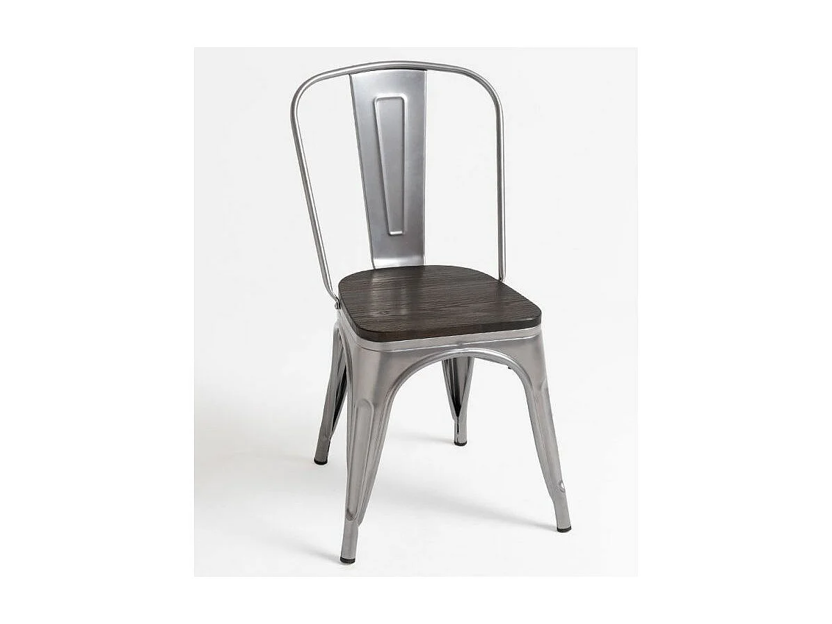 Silla industrial de acero cepillado Kontoir con asiento de pino macizo oscuro