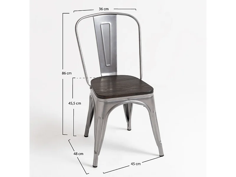 Silla industrial de acero cepillado Kontoir con asiento de pino macizo oscuro