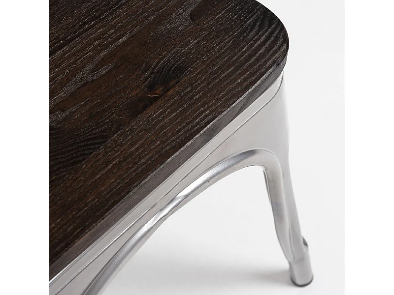 Chaise industrielle acier brossée et assise pin massif foncé Kontoir