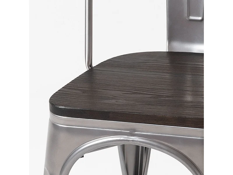 Chaise industrielle acier brossée et assise pin massif foncé Kontoir