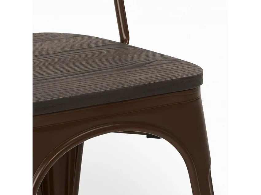 Silla industrial Kontoir de acero blanco brillante con asiento de pino macizo oscuro-Color Marrón