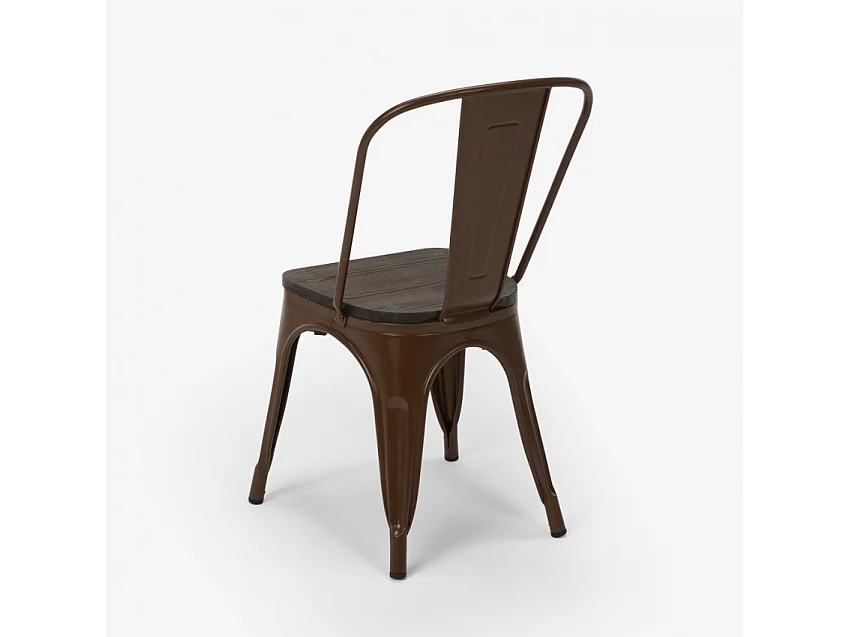 Silla industrial Kontoir de acero blanco brillante con asiento de pino macizo oscuro-Color Marrón