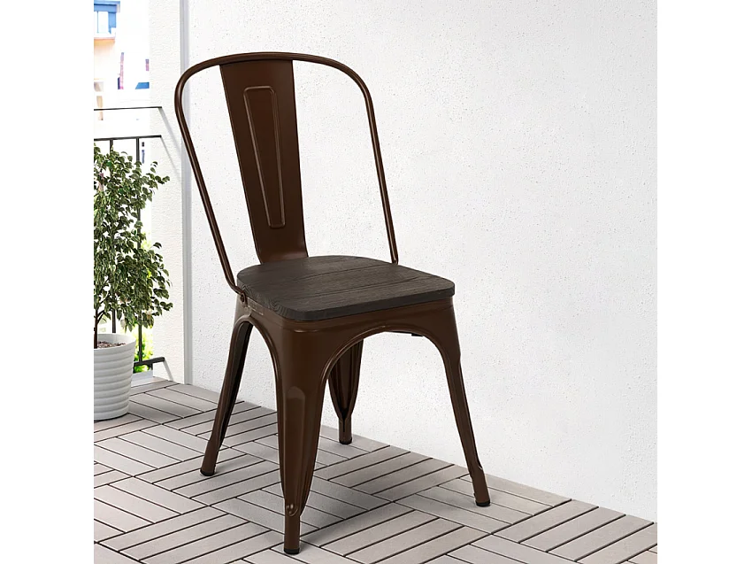 Chaise industrielle acier brillant et assise en bois massif marron Reko-Couleur Marron