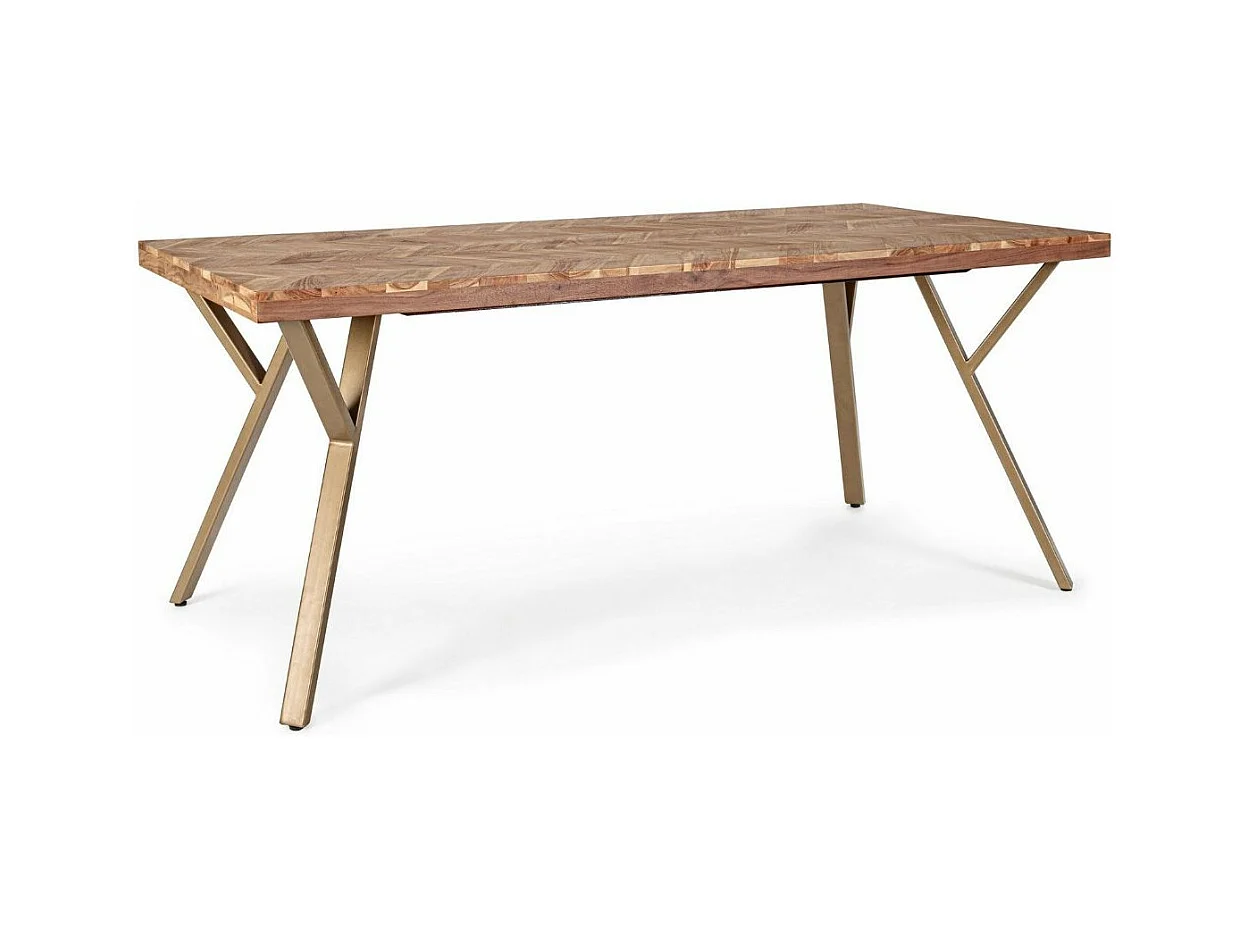 Table à manger plateau bois d'acacia et pieds acier doré mat Dinka 180cm