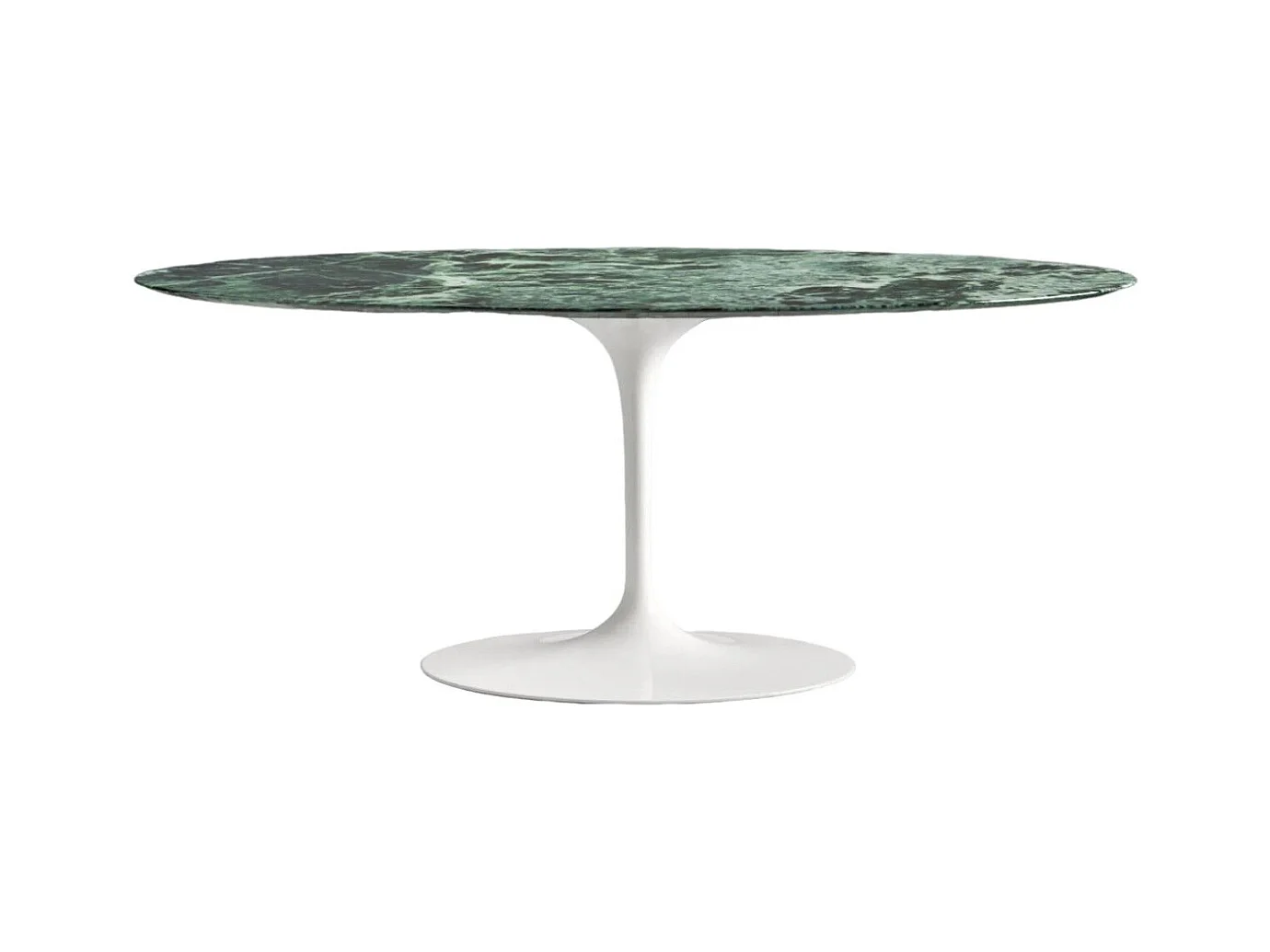 Table tulipe ovale en marbre Haute de gamme-Plateau Marbre verde alpi-Largeur 220 cm-Piètement Blanc brillant
