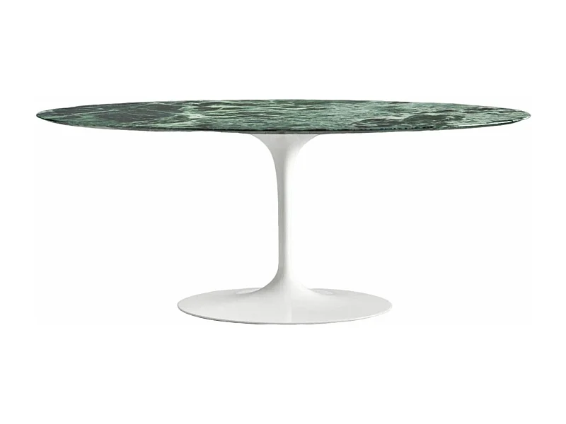 Table tulipe ovale en marbre Haute de gamme-Plateau Marbre verde alpi-Largeur 180 cm-Piètement Blanc brillant