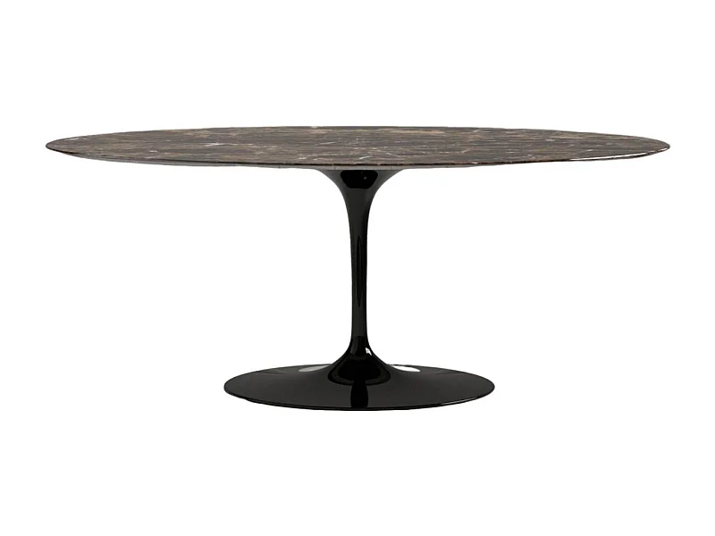 Table tulipe ovale en marbre Haute de gamme-Plateau Marbre brun emperador-Largeur 220 cm-Piètement Noir brillant