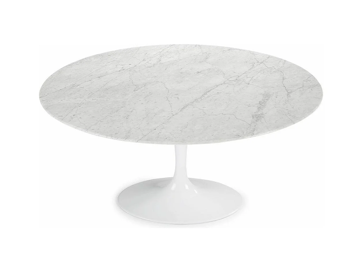 Table tulipe ronde en marbre-Plateau Marbre blanc Carrara-Diamètre 110 cm-Piètement Blanc mat
