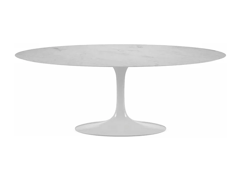 Mesa tulipán redonda, 110 cm, mármol negro, base negro mate-Bandeja Mármol blanco de Carrara-Diámetro 170 cm-Color de los pies Blanco mate