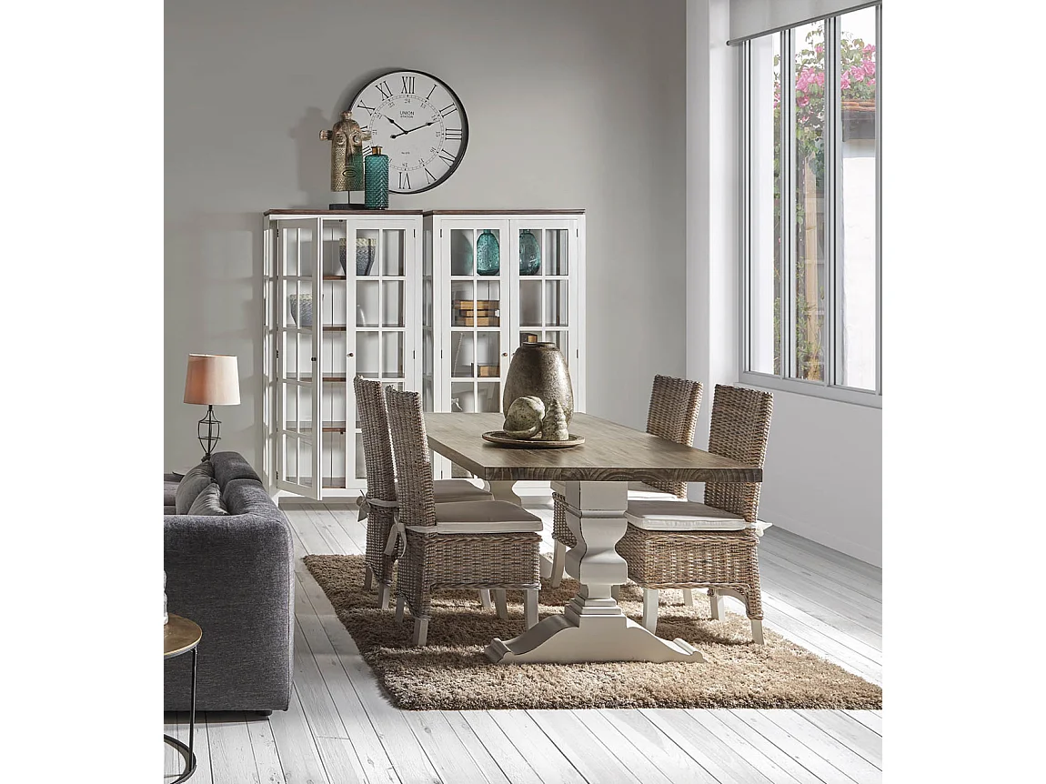 Table à manger provençale bois massif de mindi blanc et marron Kirest 200cm