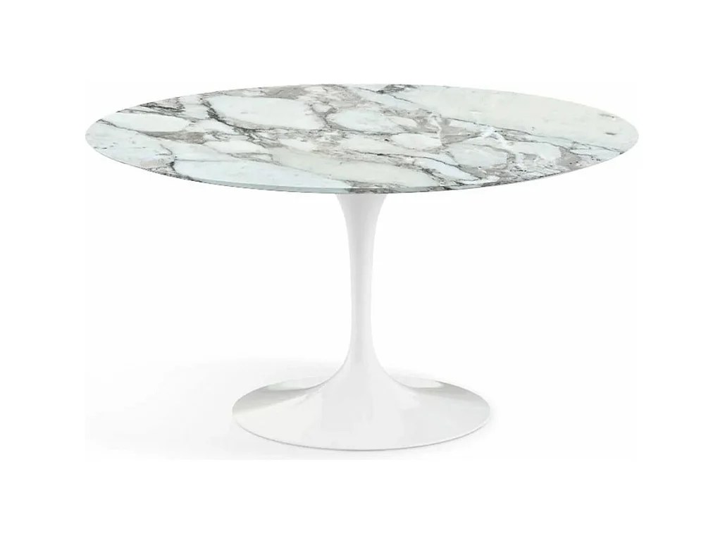 Table tulipe ronde en marbre-Plateau Marbre Arabescato-Diamètre 110 cm-Piètement Blanc brillant