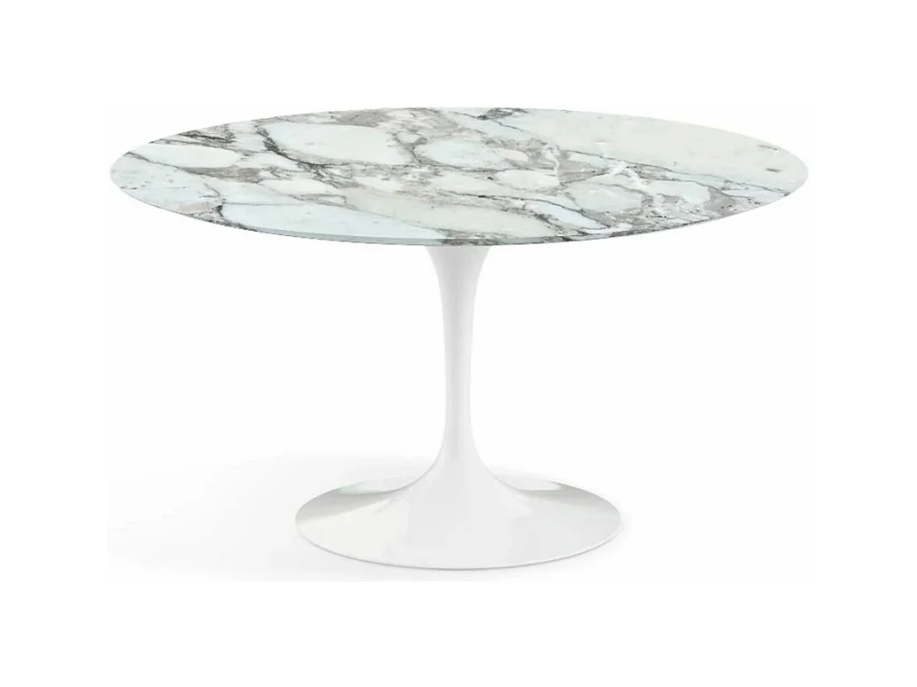 Table tulipe ronde en marbre-Plateau Marbre Arabescato-Diamètre 110 cm-Piètement Blanc mat
