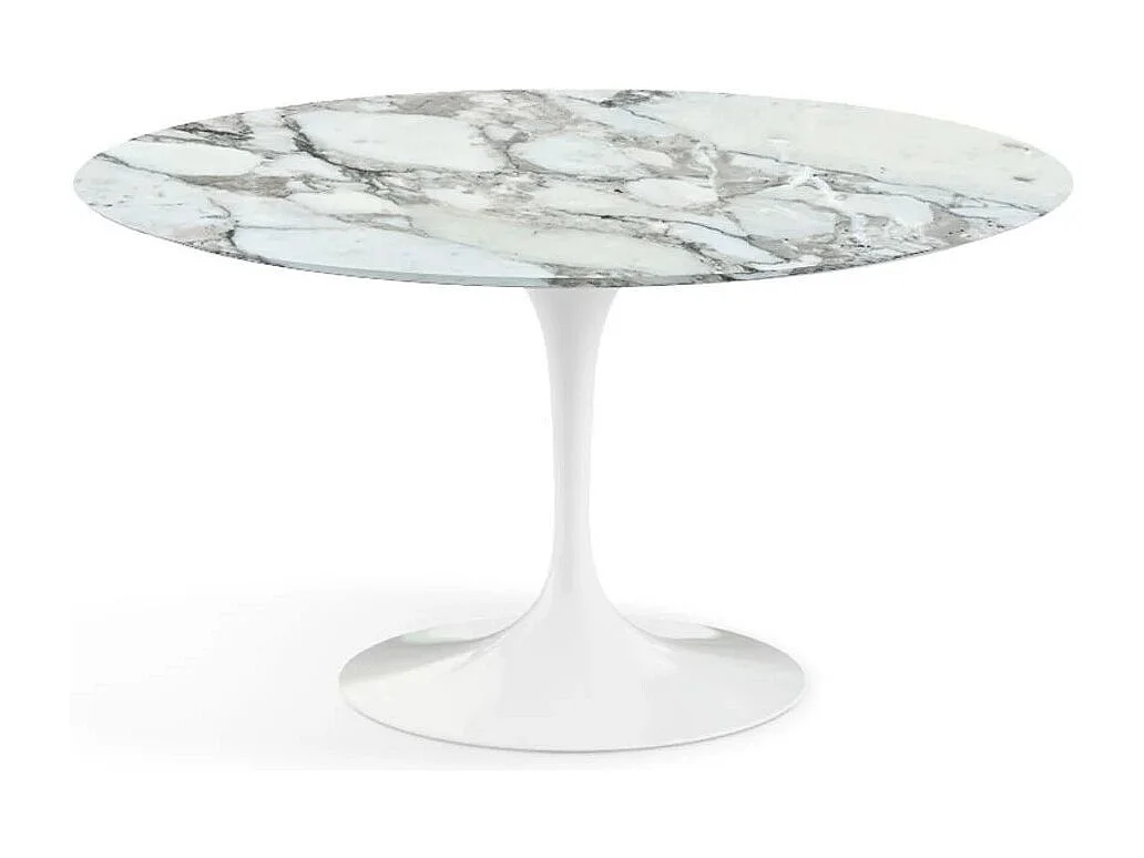 Table tulipe ronde en marbre-Plateau Marbre Arabescato-Diamètre 80 cm-Piètement Blanc brillant