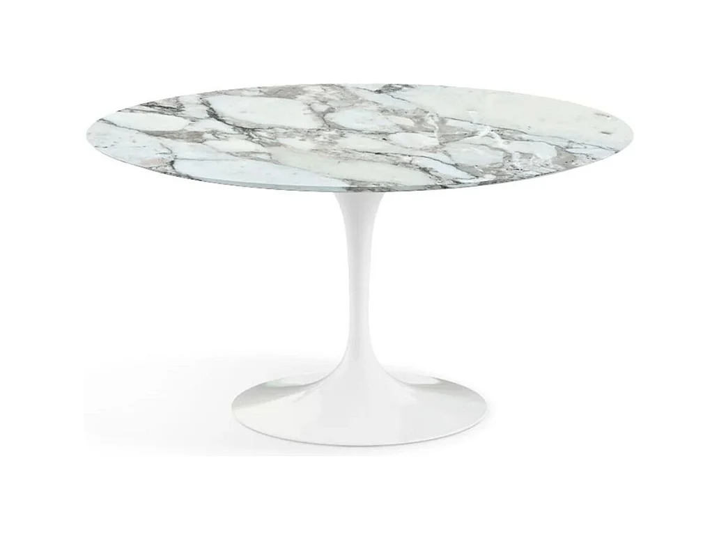 Table tulipe ronde en marbre-Plateau Marbre Arabescato-Diamètre 80 cm-Piètement Blanc brillant