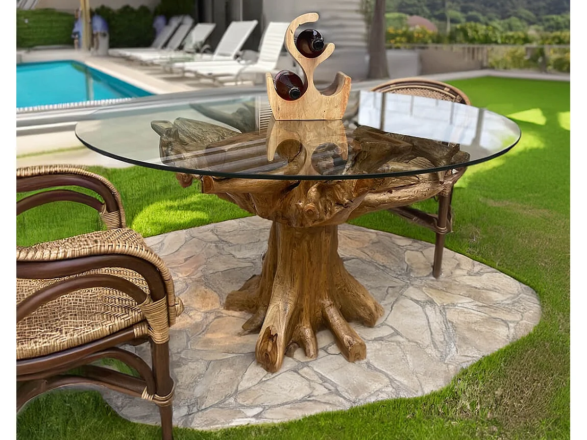 RAKINA ronde eettafel van teakhout en gehard glas - Ø130 en Ø150 cm-Diameter 130cm