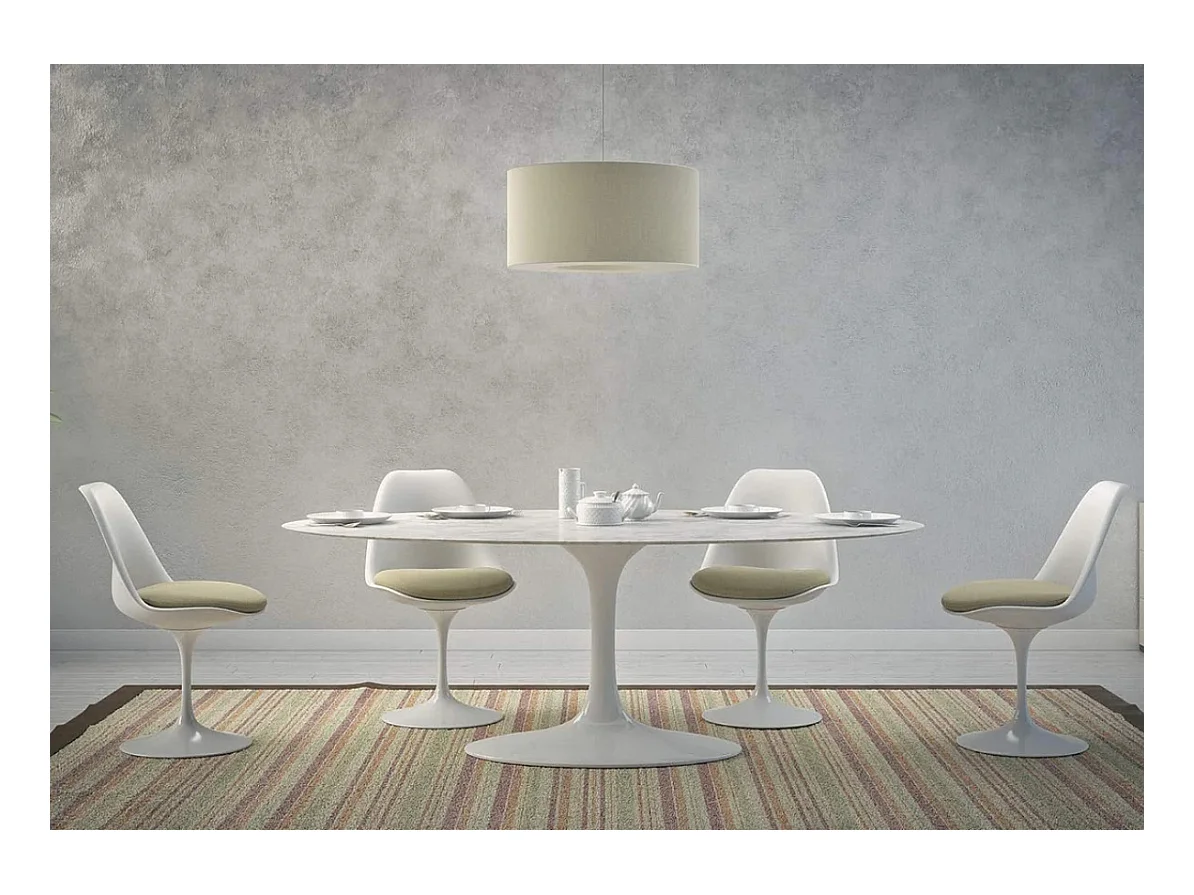 Mesa tulipán redonda, 110 cm, mármol negro, base negro mate-Bandeja Mármol blanco de Carrara-Diámetro 80 cm-Color de los pies Blanco brillante