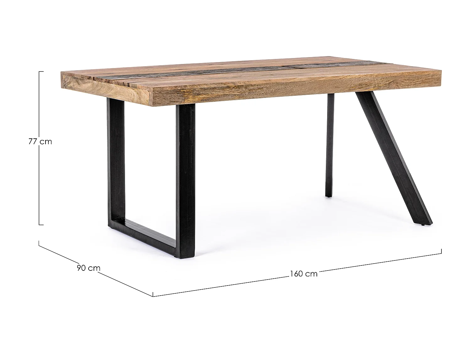 Table à manger industrielle 6 places bois de manguier recyclé et pieds acier noir Kramer 160cm