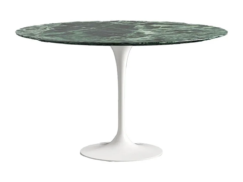 Table tulipe ronde en marbre-Plateau Marbre verde alpi-Diamètre 160 cm-Piètement Blanc brillant