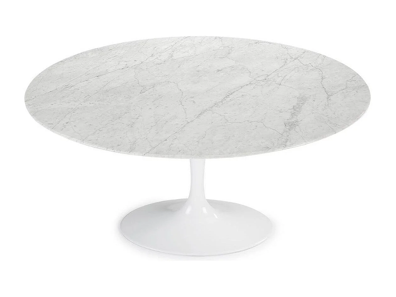 Table tulipe ronde en marbre-Plateau Marbre blanc Carrara-Diamètre 120 cm-Piètement Blanc mat