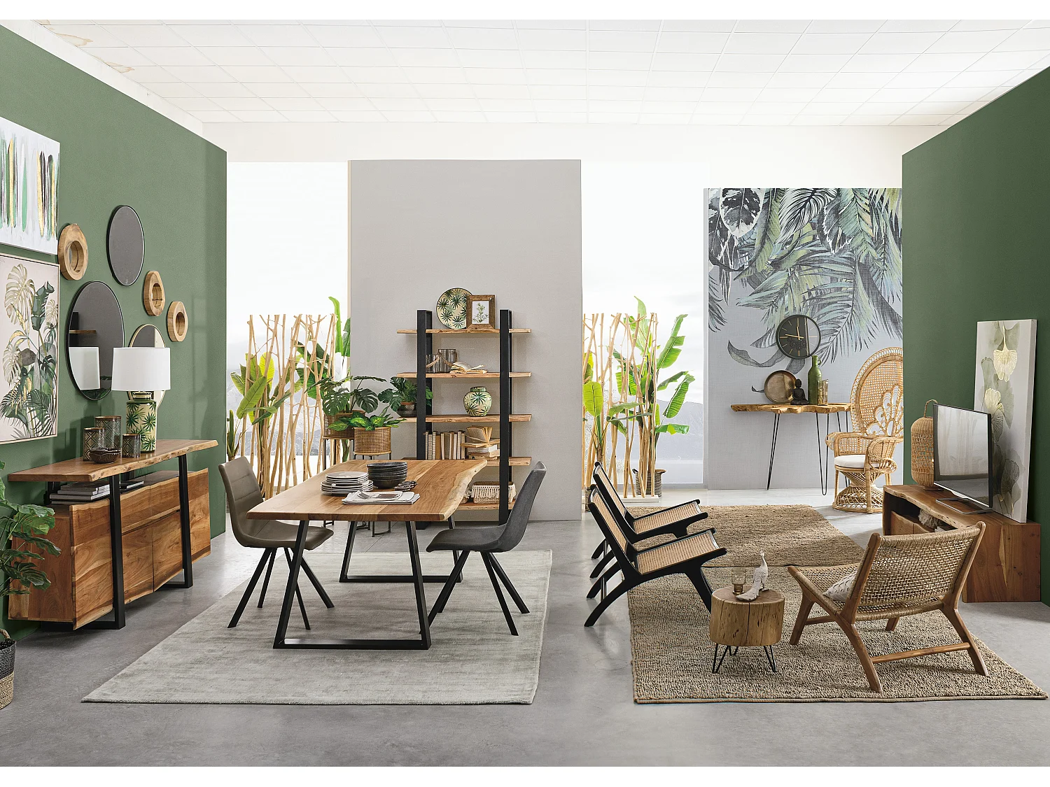 Table à manger bois d'acacia et pieds acier noir Amaly 200cm