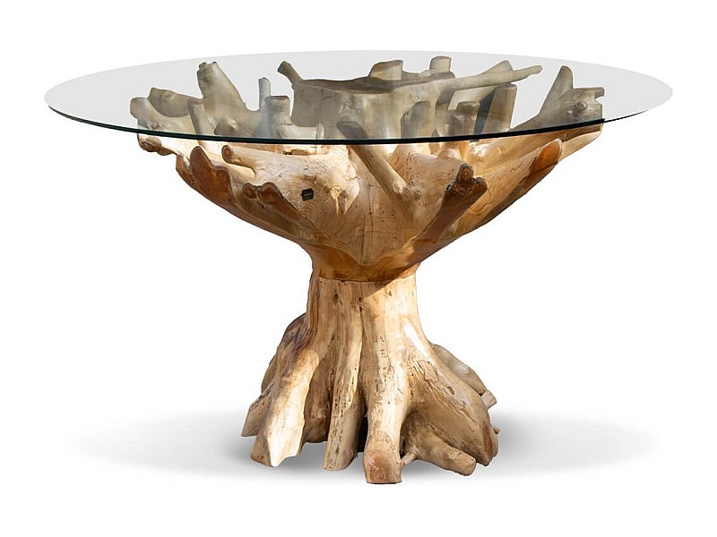 Table à manger ronde en racine de teck et verre trempé RAKINA - Ø130 et ...