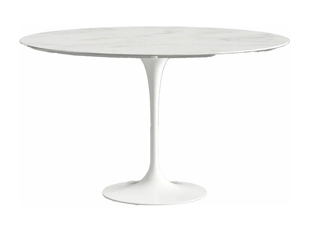 Table tulipe ronde en marbre-Plateau Marbre blanc Carrara-Diamètre 150 cm-Piètement Blanc brillant