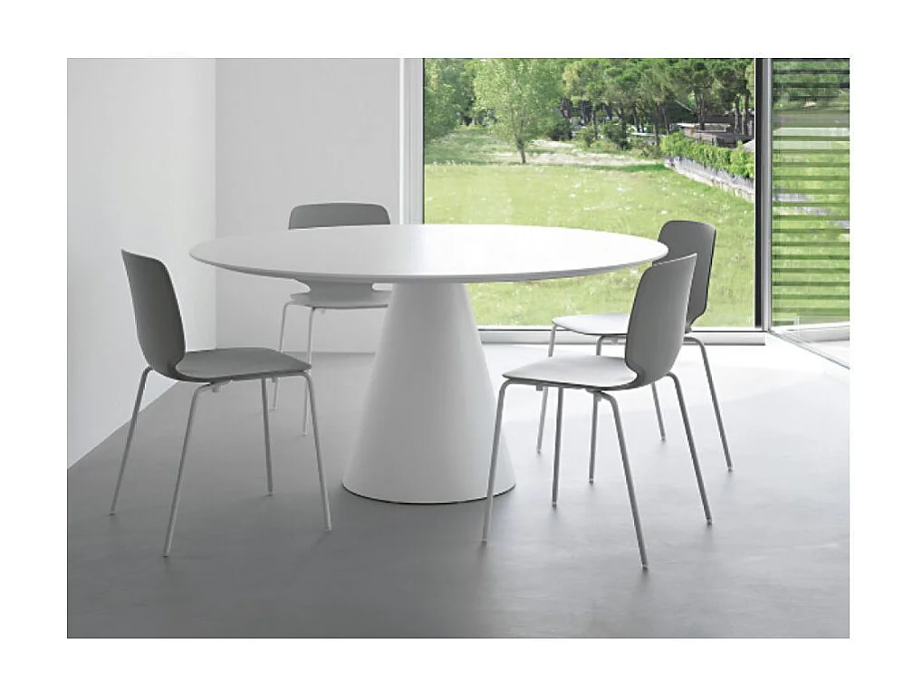 Table à manger ronde blanche polyéthylène et plateau bois blanc Kizola-Diamètre 140 cm