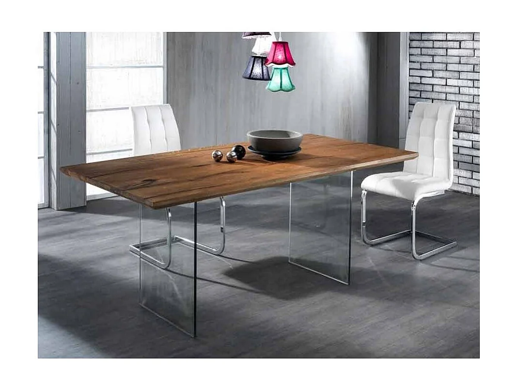 Table rectangle en bois et pieds verre trempé Finne L 180cm