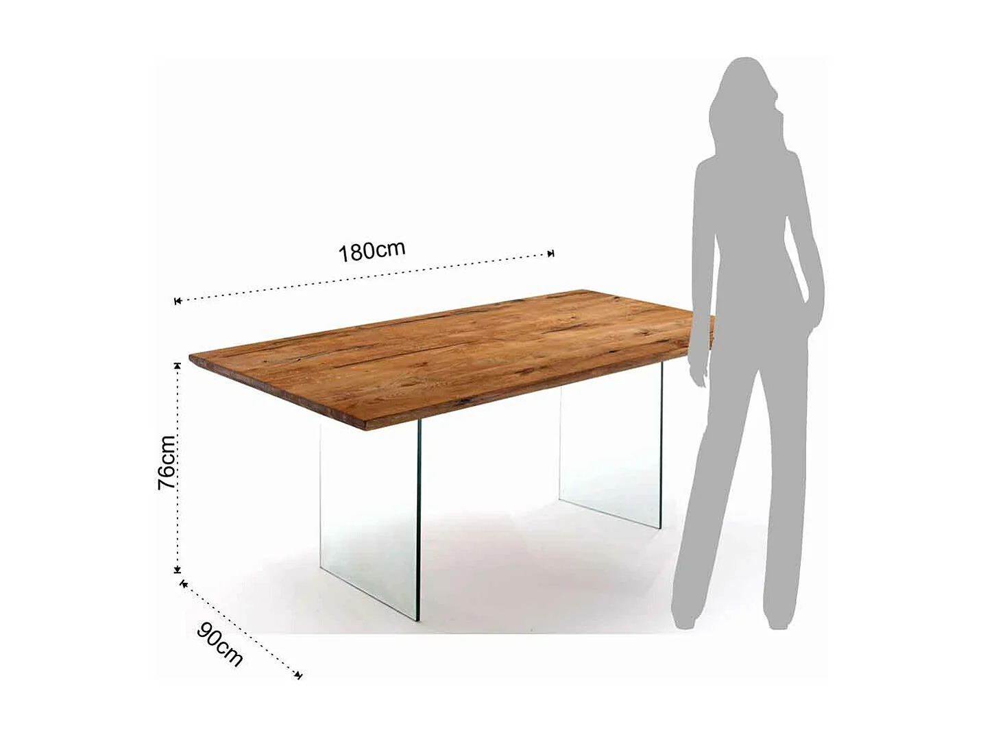 Table rectangle en bois et pieds verre trempé Finne L 180cm