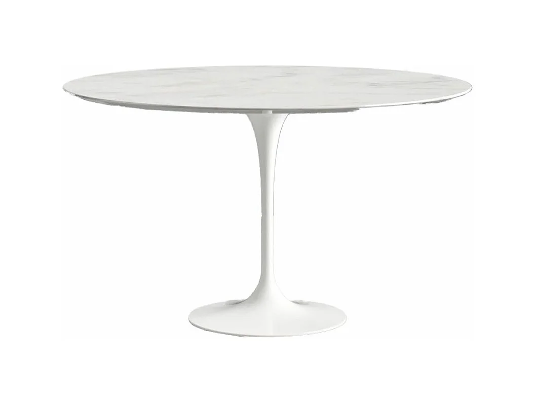Table tulipe ronde en marbre-Plateau Marbre blanc Carrara-Diamètre 80 cm-Piètement Blanc mat