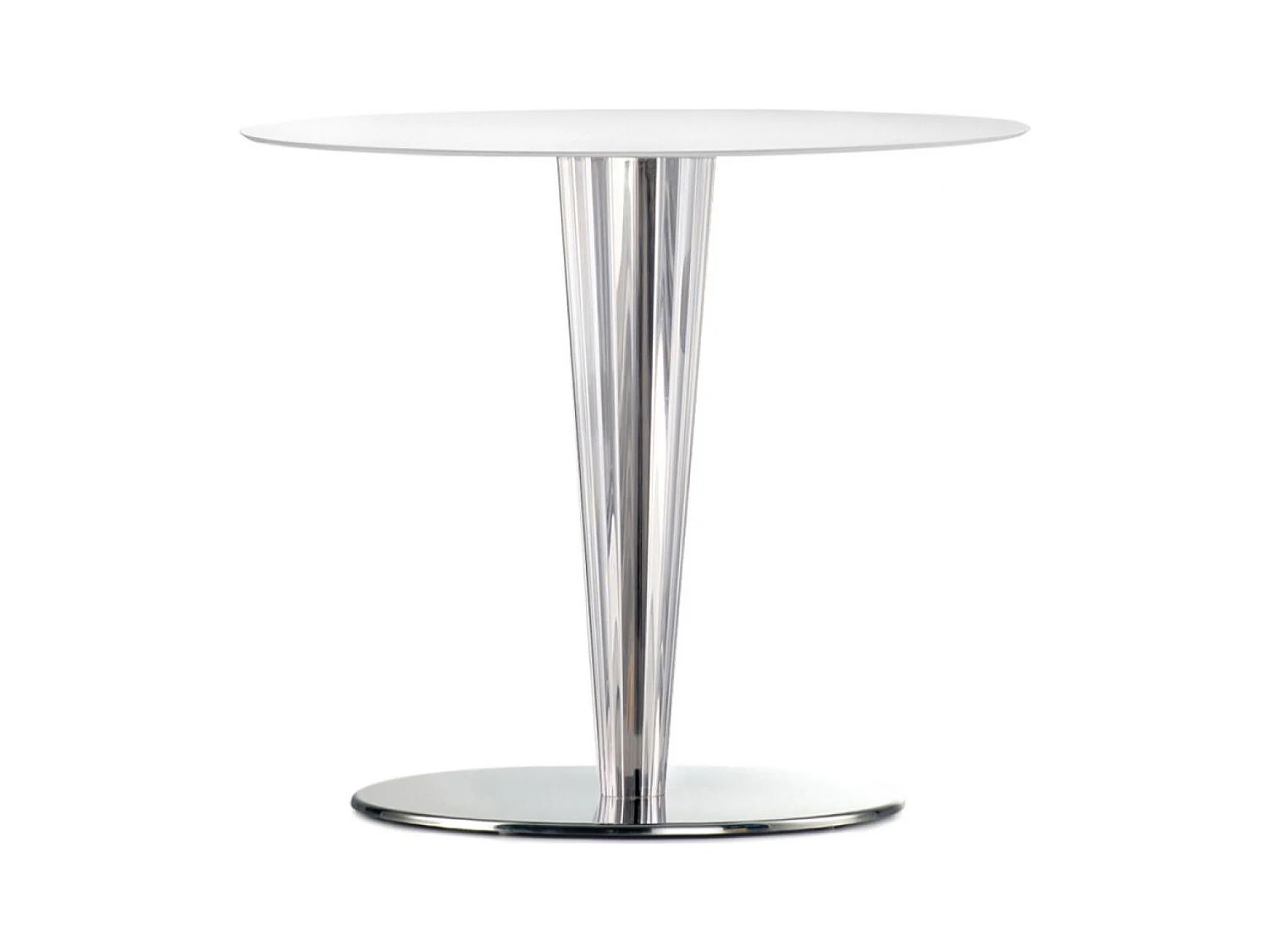 Table ronde design acier poli et plateau en stratifié blanc 130cm