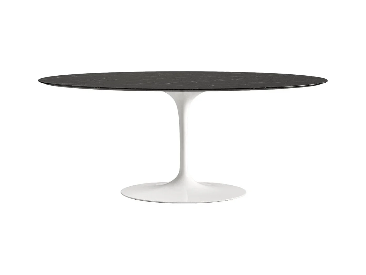 Table tulipe ovale en marbre Haute de gamme-Plateau Marbre noir Marquinia-Largeur 180 cm-Piètement Blanc mat