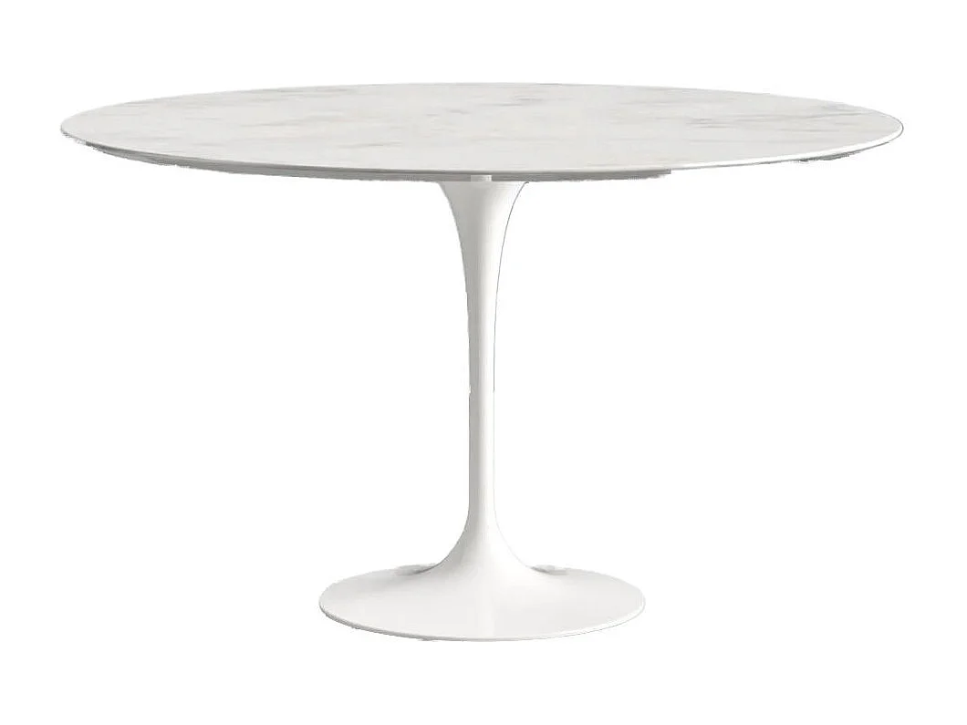 Table tulipe ronde en marbre-Plateau Marbre blanc Carrara-Diamètre 90 cm-Piètement Blanc brillant