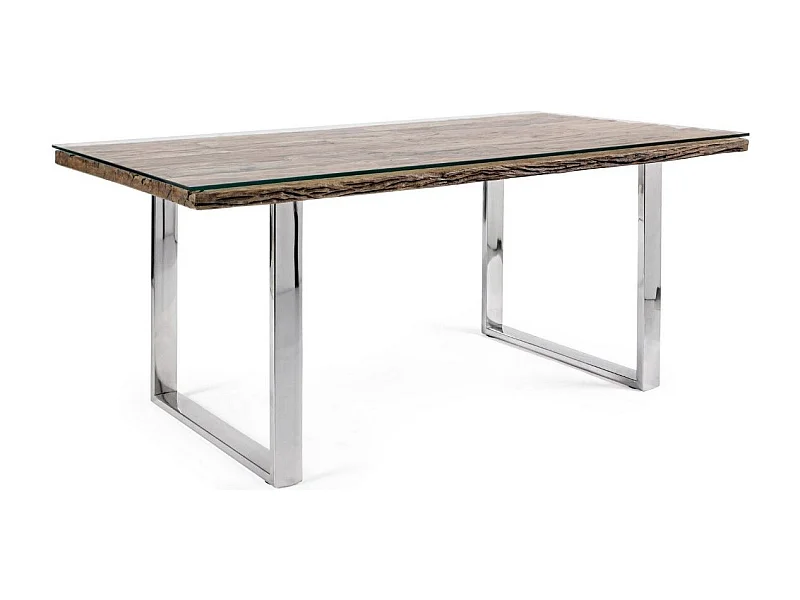 Table à manger plateau bois massif recyclé et verre trempé sur pieds acier chromé Stany 180cm