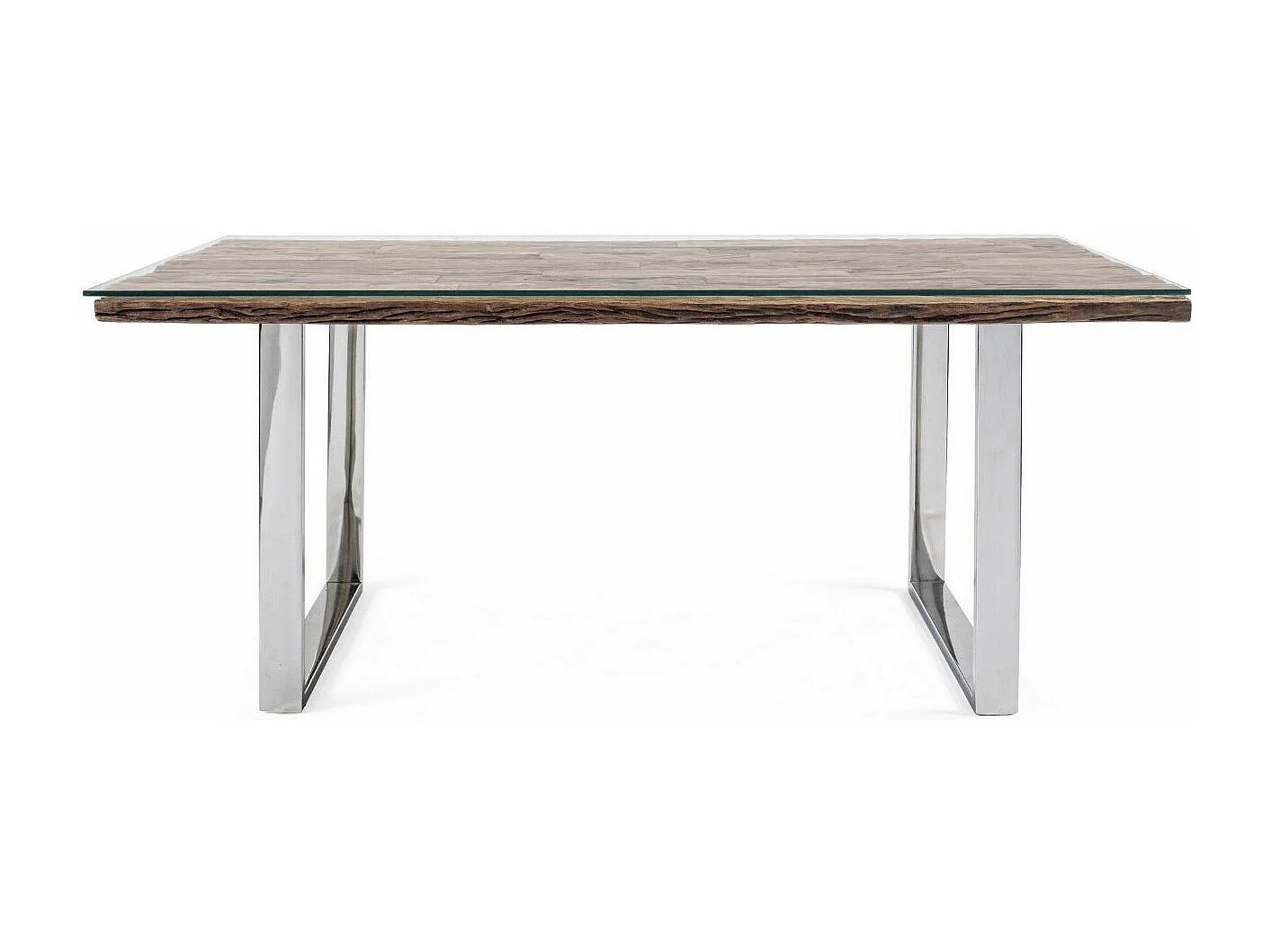 Eettafel met gerecycled massief houten blad en gehard glas op chroomstalen poten Stany 180 cm