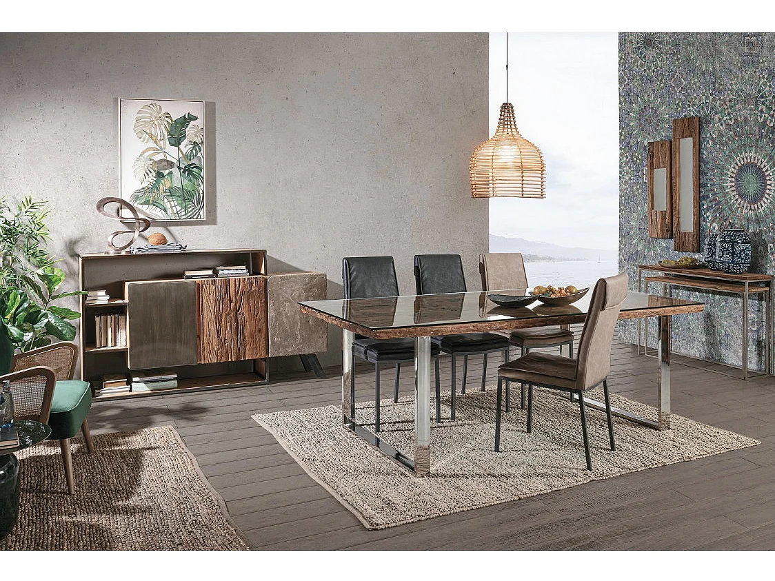 Eettafel met gerecycled massief houten blad en gehard glas op chroomstalen poten Stany 180 cm